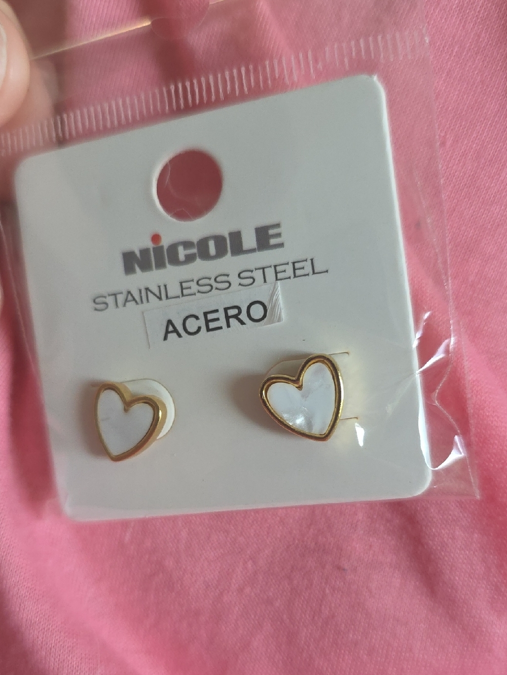Nicole Stainless Steel Heart Stud Earrings - White & Gold